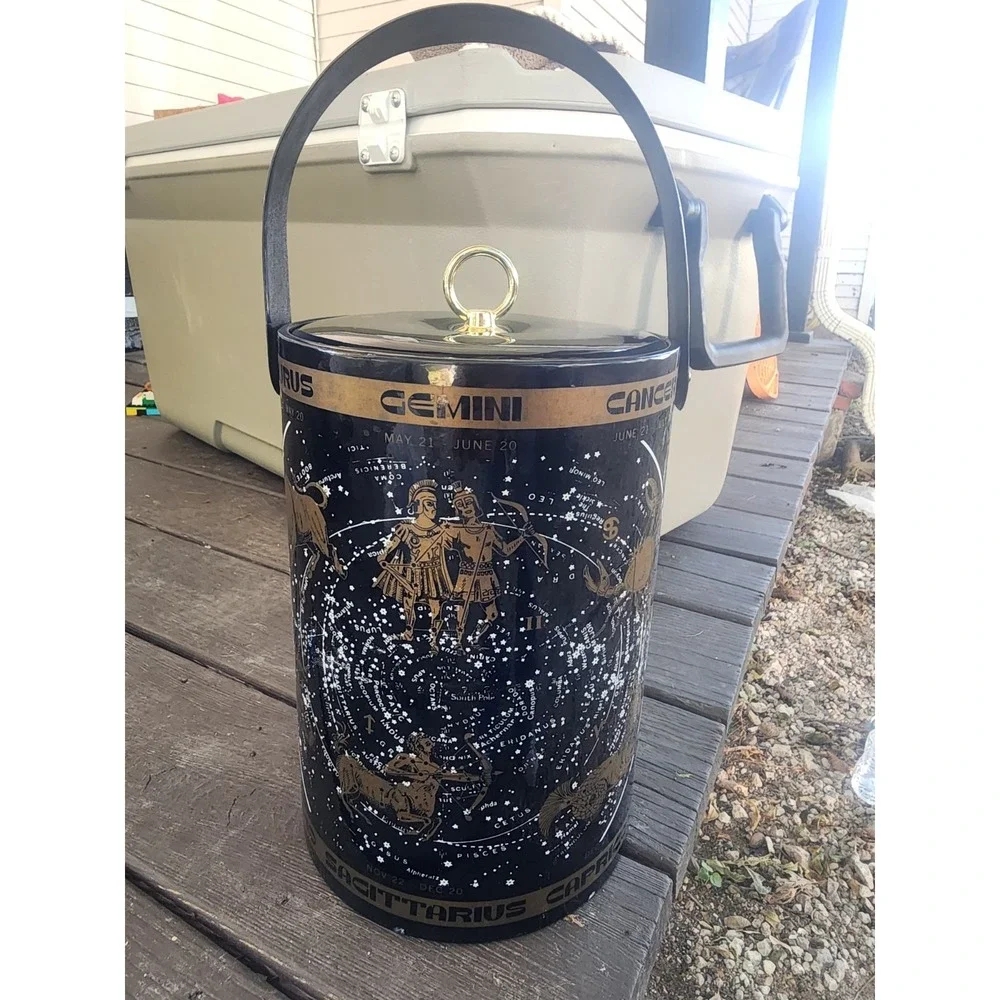 Vintage RARE Mid-century Black & Gold Celestial Horoscope Serving Ice Bucket HTF